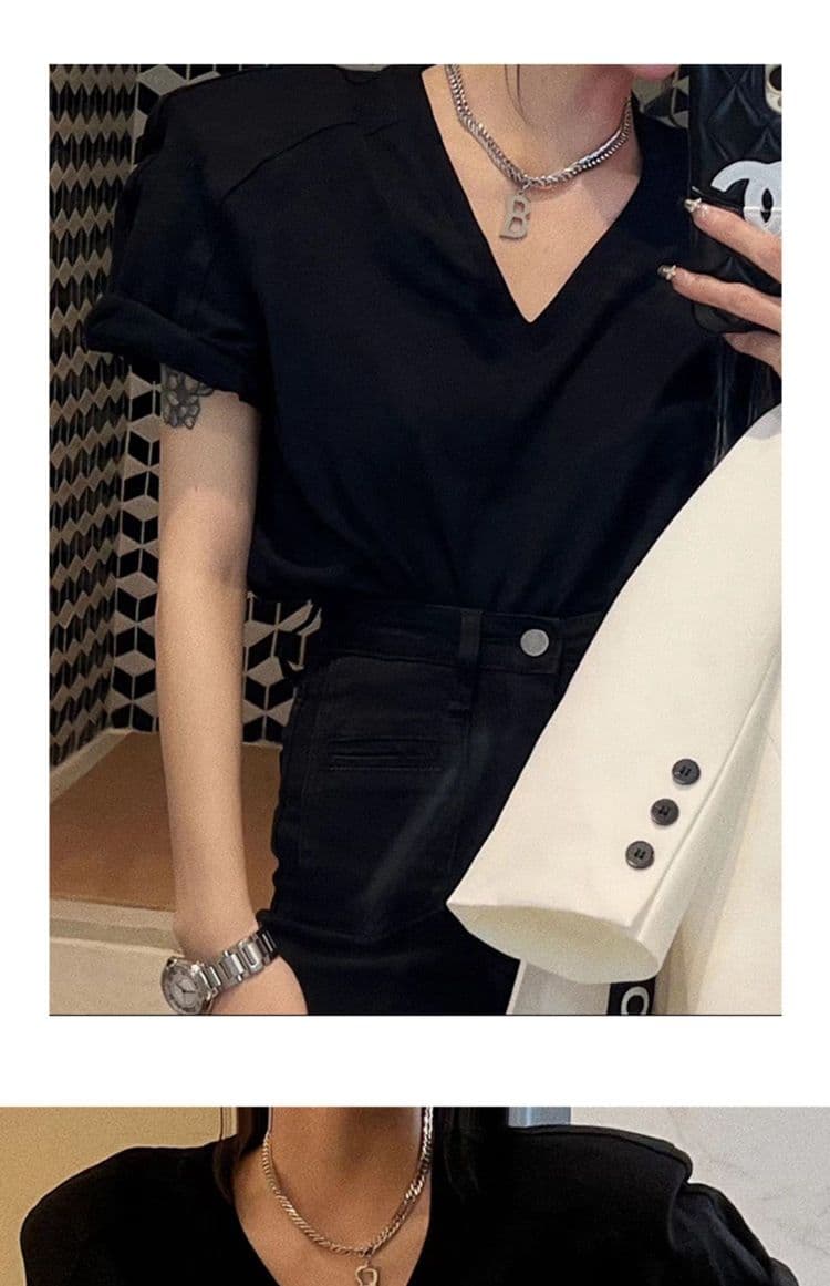 원본 품질 V넥 어깨 패드 티셔츠 여성 홍콩 느낌 루즈핏 한국 스타일 반팔 맨위 상세 이미지 9