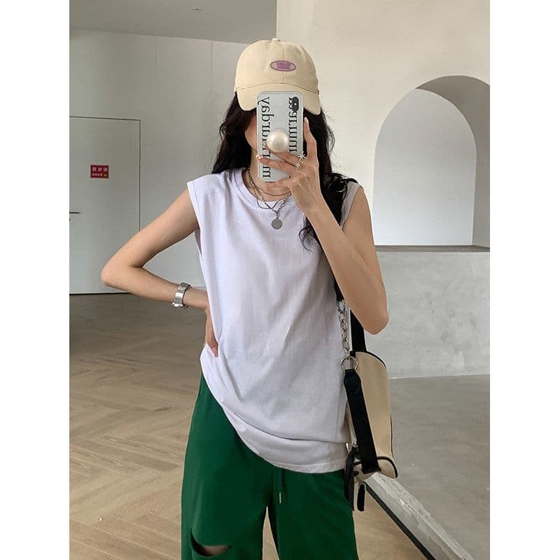 민소매 티셔츠 여성 루즈핏 슬립 라운드 넥 어깨 조끼 트렌디 여름 이미지 5