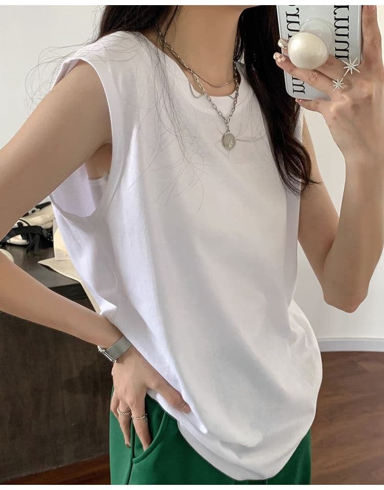 민소매 티셔츠 여성 루즈핏 슬립 라운드 넥 어깨 조끼 트렌디 여름 상세 이미지 5