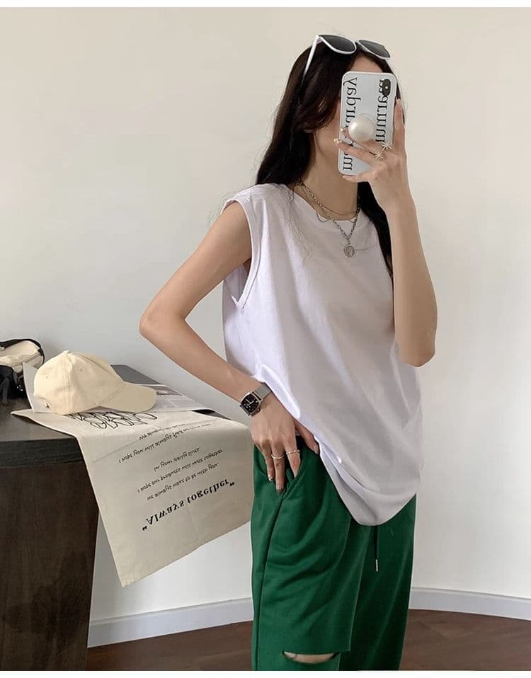 민소매 티셔츠 여성 루즈핏 슬립 라운드 넥 어깨 조끼 트렌디 여름 상세 이미지 6
