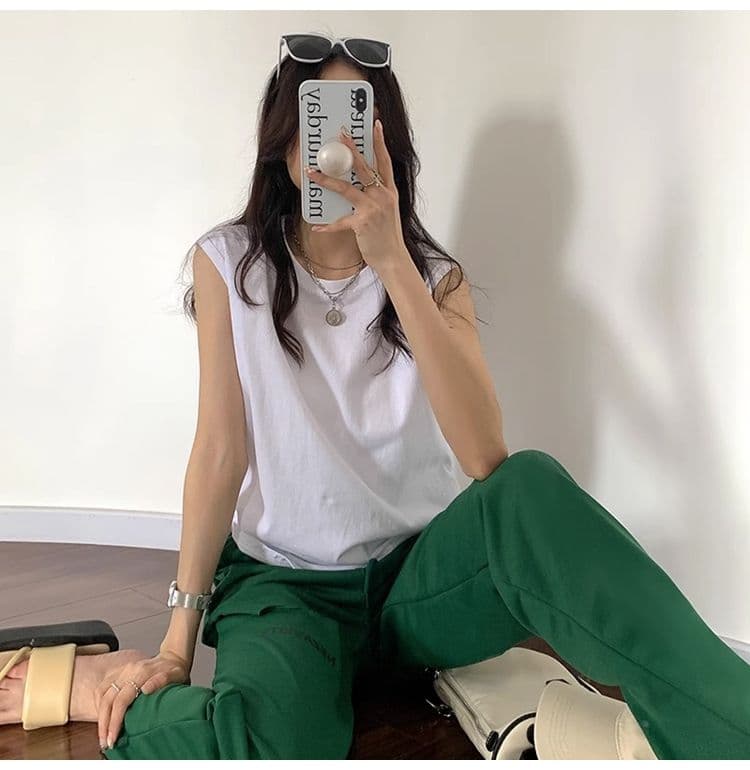 민소매 티셔츠 여성 루즈핏 슬립 라운드 넥 어깨 조끼 트렌디 여름 상세 이미지 8