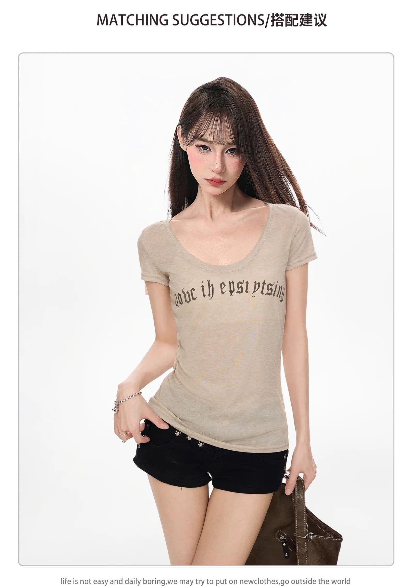 u 칼라 반팔 티셔츠 여성 여름 대 네클라인 몸매 가꾸기 꼬집기 허리 위로 의류 상세 이미지 4