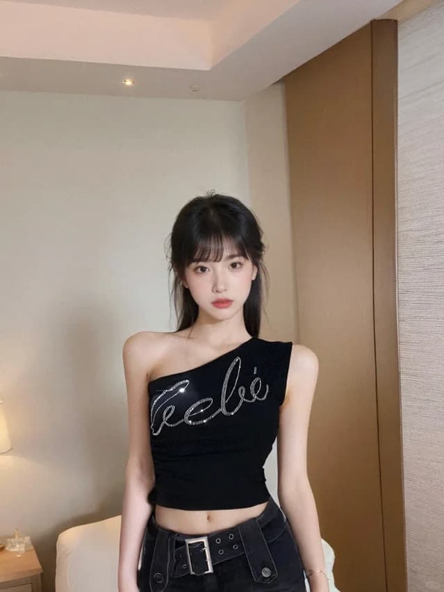 핫픽스 섹시함 비스듬한 어깨 몸매 가꾸기 검정색 작은 조끼 맨위 상세 이미지 4