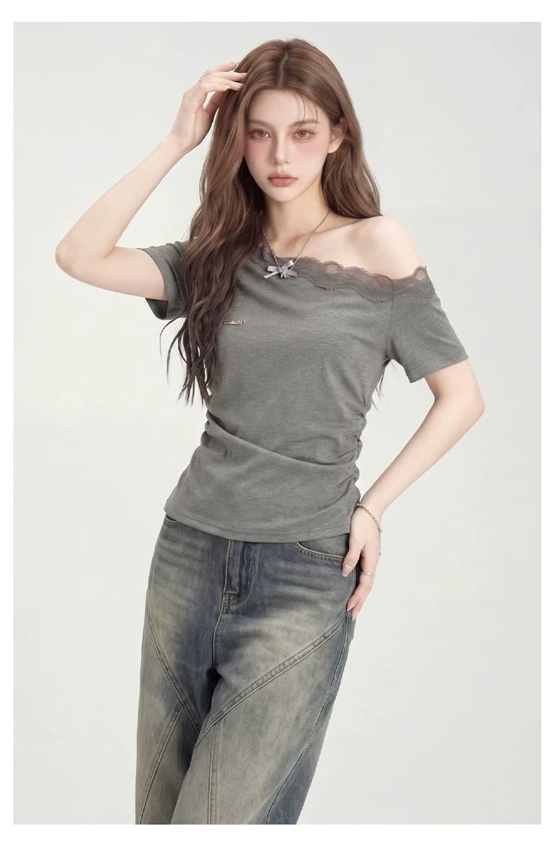 레이스 오프숄더 반팔 티셔츠 여성 여름 몸매 가꾸기 슬림해 보이는 맨위 상세 이미지 9