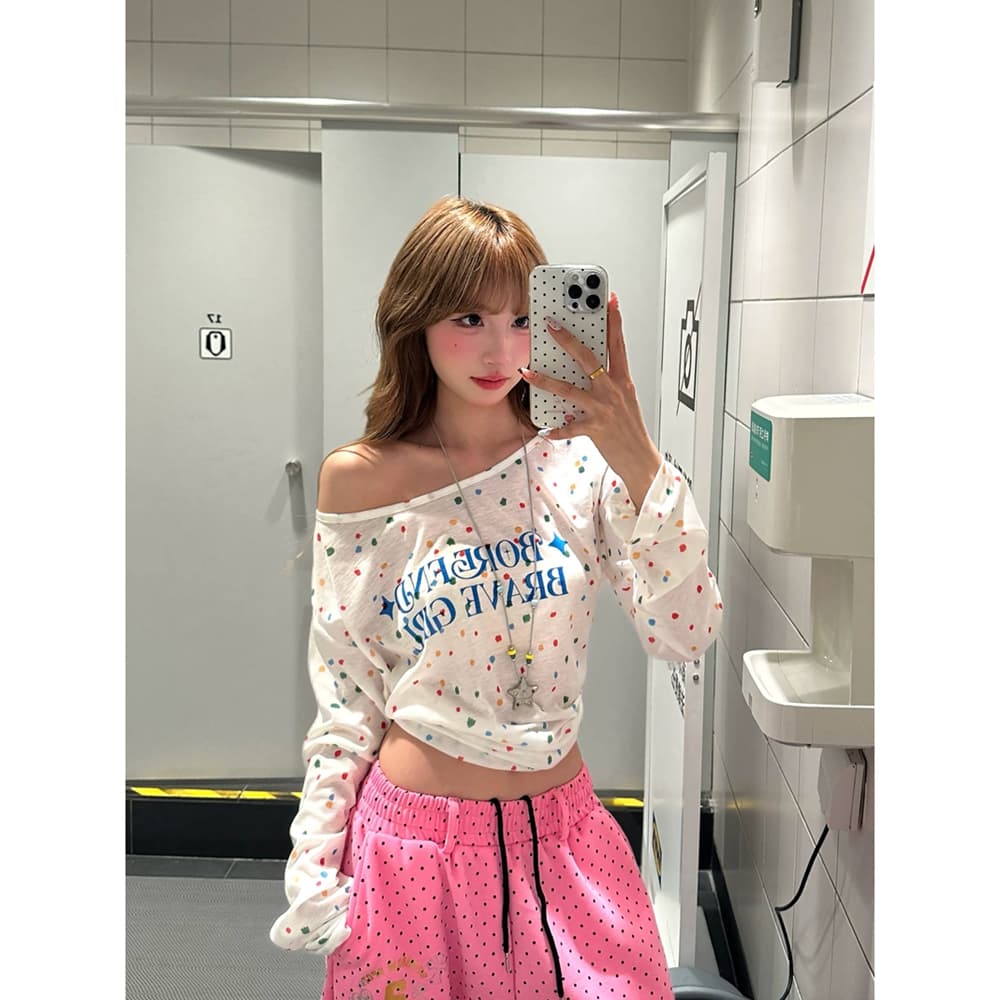 비스듬한 어깨 색상 도트 무늬 긴팔 티셔츠 다용도 블라우스 맨위 이미지 4