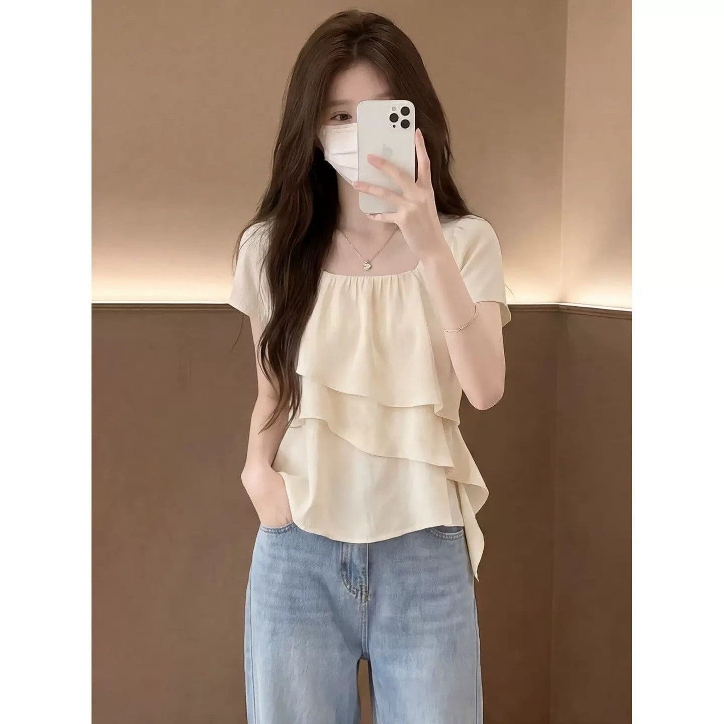 프랑스식 부드러운 바람 프릴 광장 칼라 시폰 셔츠 여성 여름 고유 한 아름다운 루즈핏 슬림해 보이는 표지 고기 반팔 맨위
