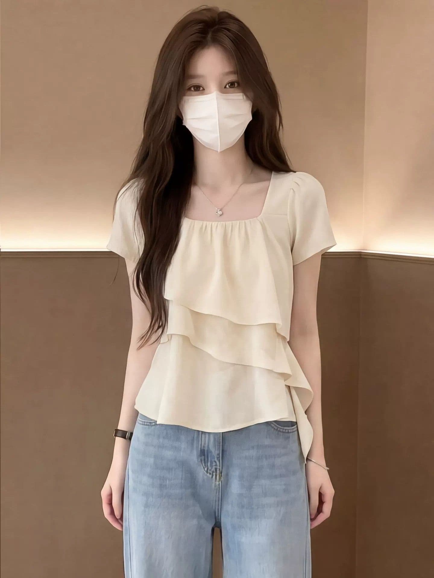 프랑스식 부드러운 바람 프릴 광장 칼라 시폰 셔츠 여성 여름 고유 한 아름다운 루즈핏 슬림해 보이는 표지 고기 반팔 맨위 이미지 4