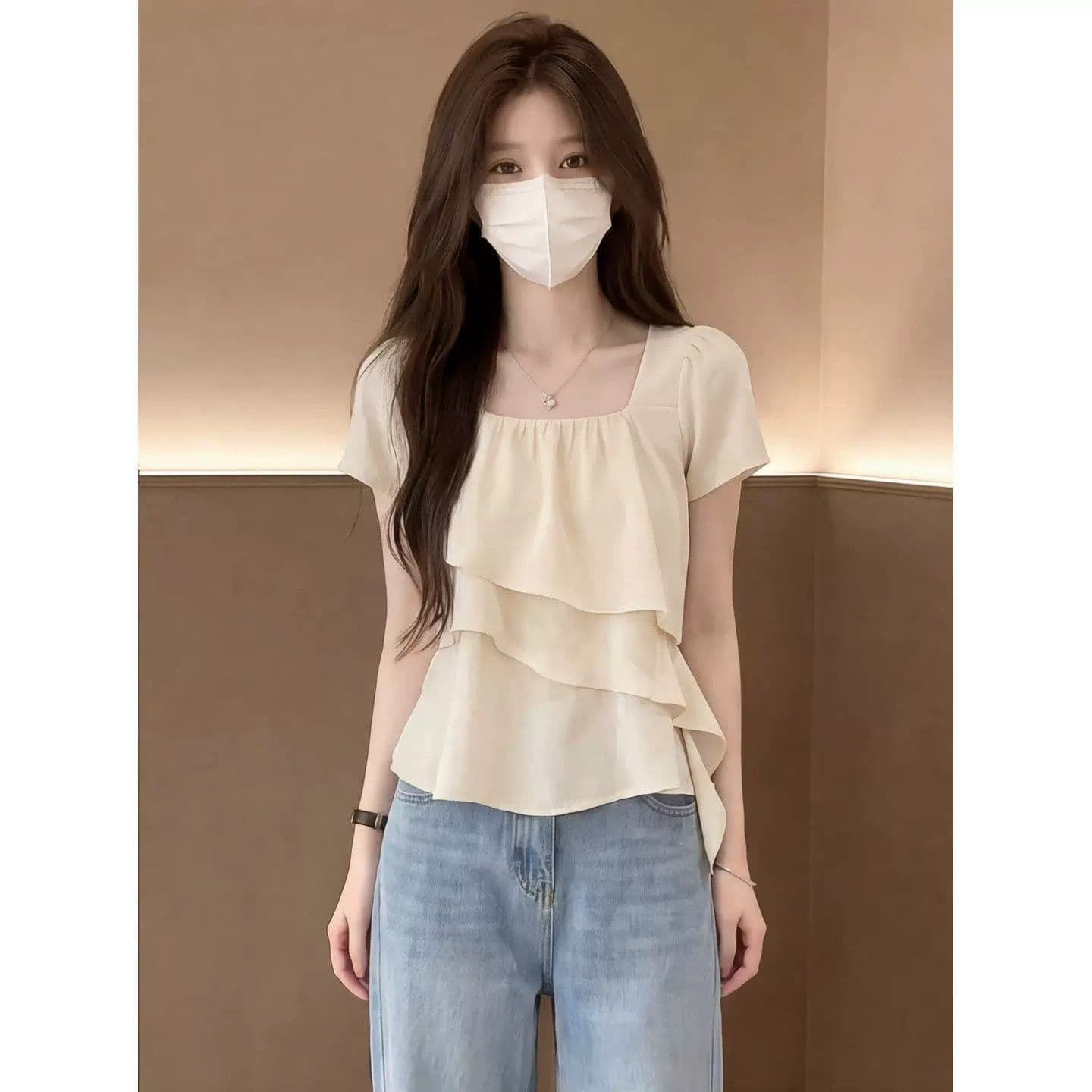 프랑스식 부드러운 바람 프릴 광장 칼라 시폰 셔츠 여성 여름 고유 한 아름다운 루즈핏 슬림해 보이는 표지 고기 반팔 맨위 상세 이미지 2