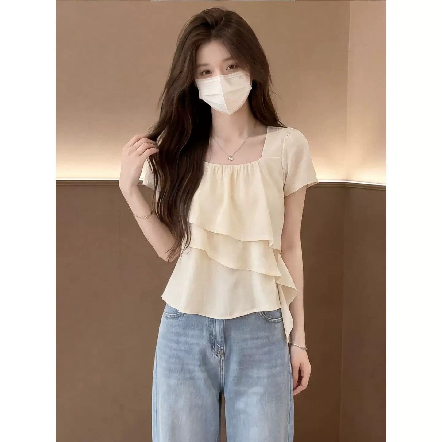 프랑스식 부드러운 바람 프릴 광장 칼라 시폰 셔츠 여성 여름 고유 한 아름다운 루즈핏 슬림해 보이는 표지 고기 반팔 맨위 상세 이미지 3