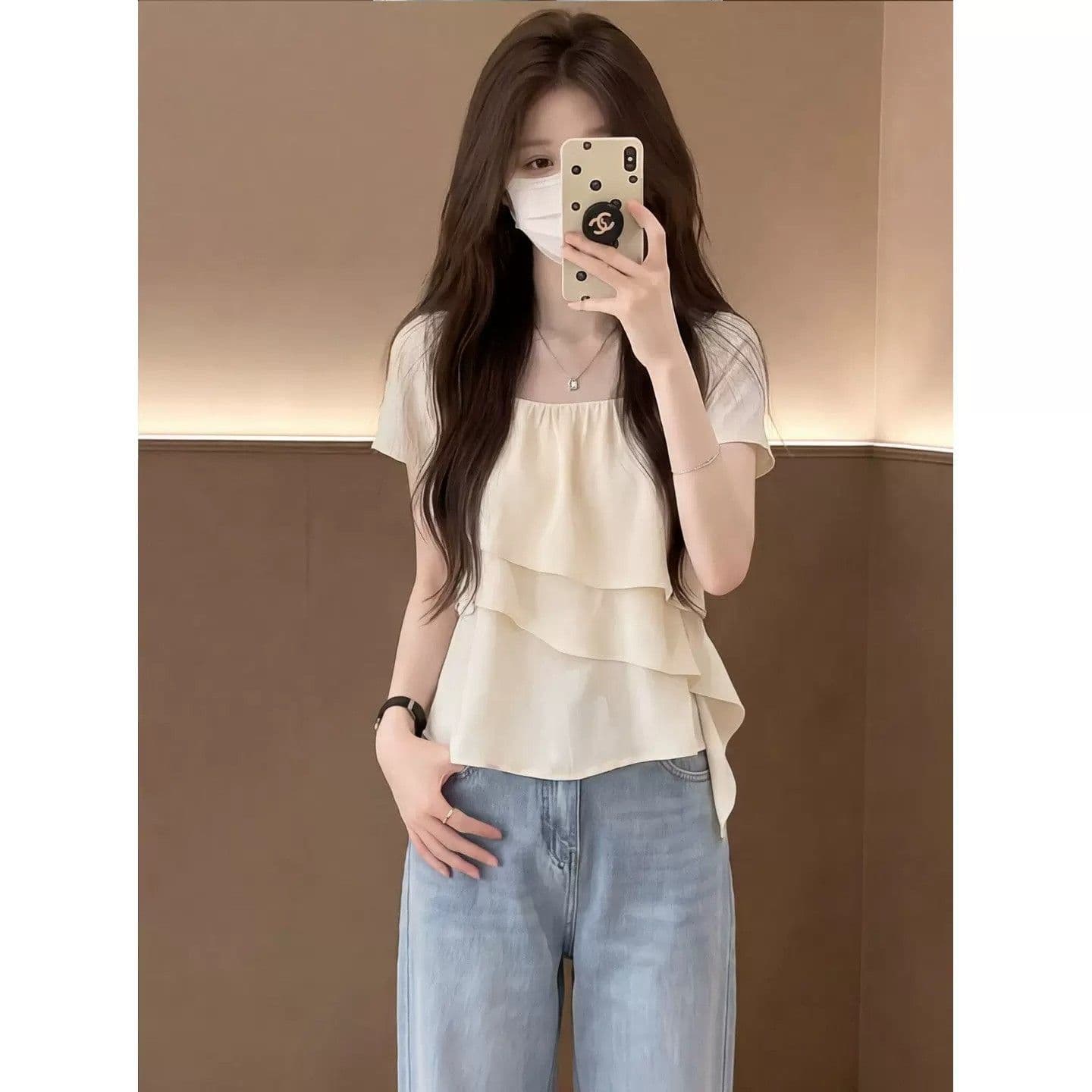 프랑스식 부드러운 바람 프릴 광장 칼라 시폰 셔츠 여성 여름 고유 한 아름다운 루즈핏 슬림해 보이는 표지 고기 반팔 맨위 상세 이미지 4
