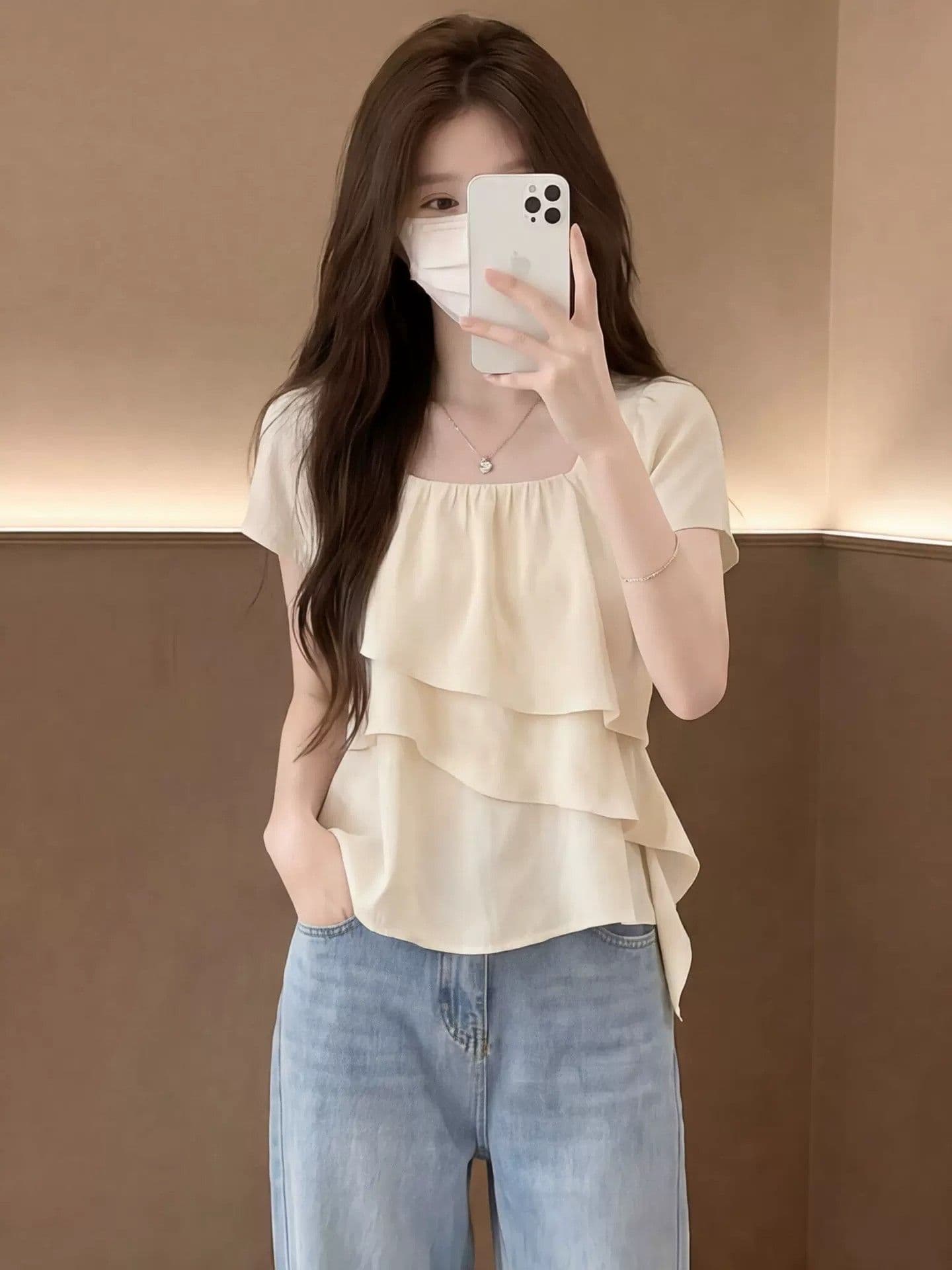 프랑스식 부드러운 바람 프릴 광장 칼라 시폰 셔츠 여성 여름 고유 한 아름다운 루즈핏 슬림해 보이는 표지 고기 반팔 맨위 상세 이미지 5