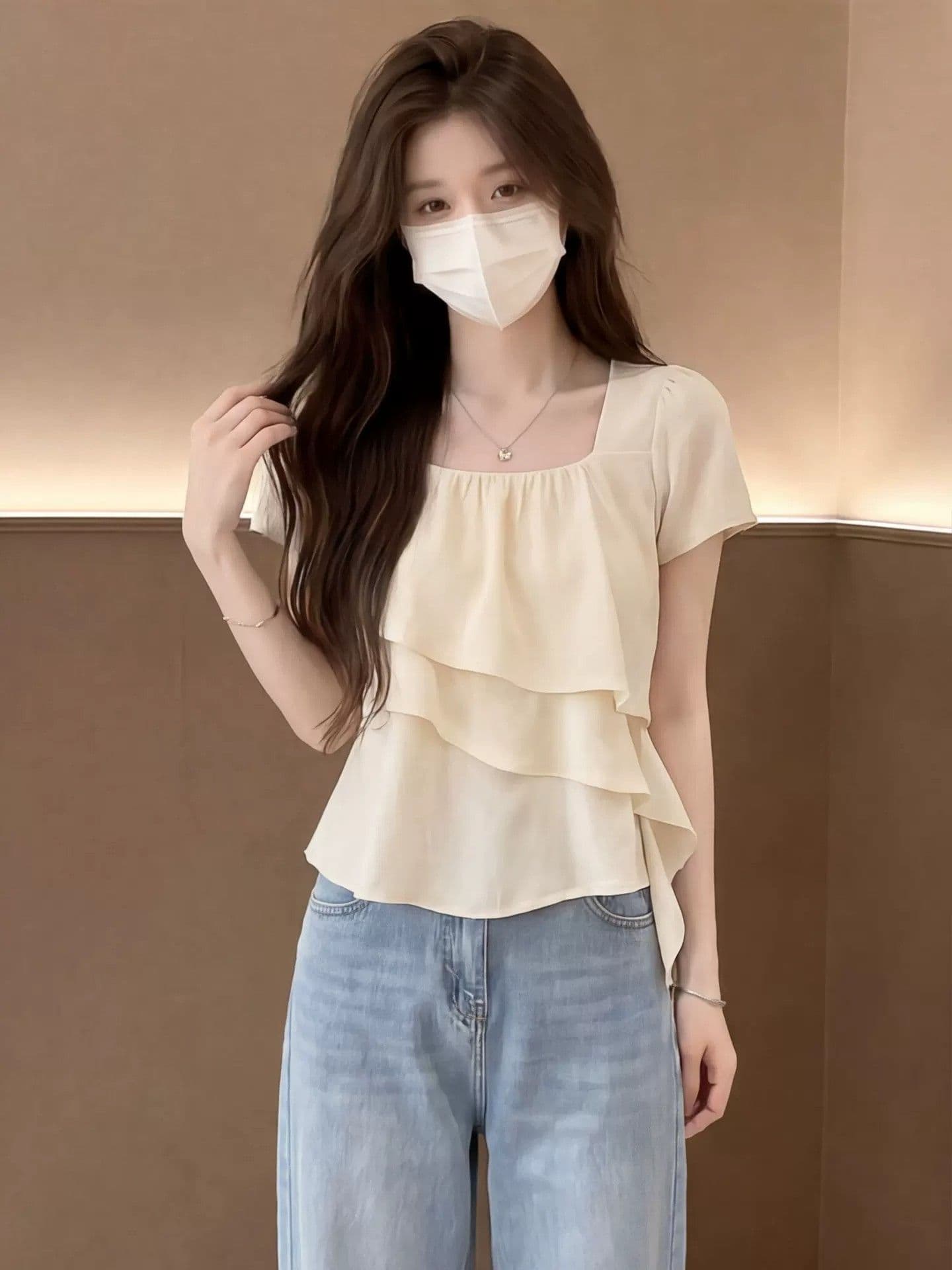프랑스식 부드러운 바람 프릴 광장 칼라 시폰 셔츠 여성 여름 고유 한 아름다운 루즈핏 슬림해 보이는 표지 고기 반팔 맨위 상세 이미지 7
