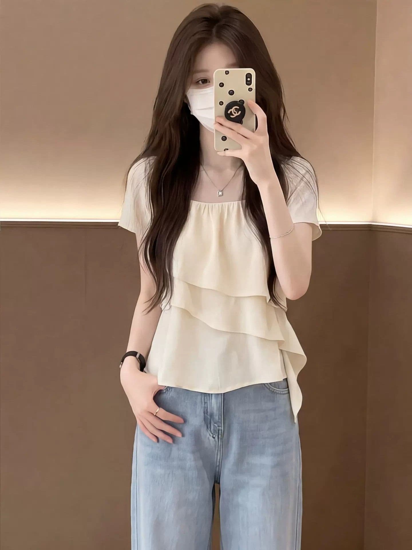 프랑스식 부드러운 바람 프릴 광장 칼라 시폰 셔츠 여성 여름 고유 한 아름다운 루즈핏 슬림해 보이는 표지 고기 반팔 맨위 상세 이미지 8