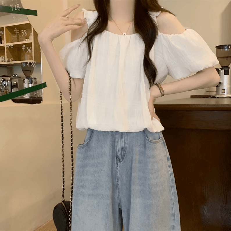 오프숄더 프랑스식 슬립 반팔 여성 셔츠 여름 섹션 디자인 센스 작은 대중 루즈핏 슬림해 보이는 쇼트 스타일 거품 소매 맨위 이미지 3