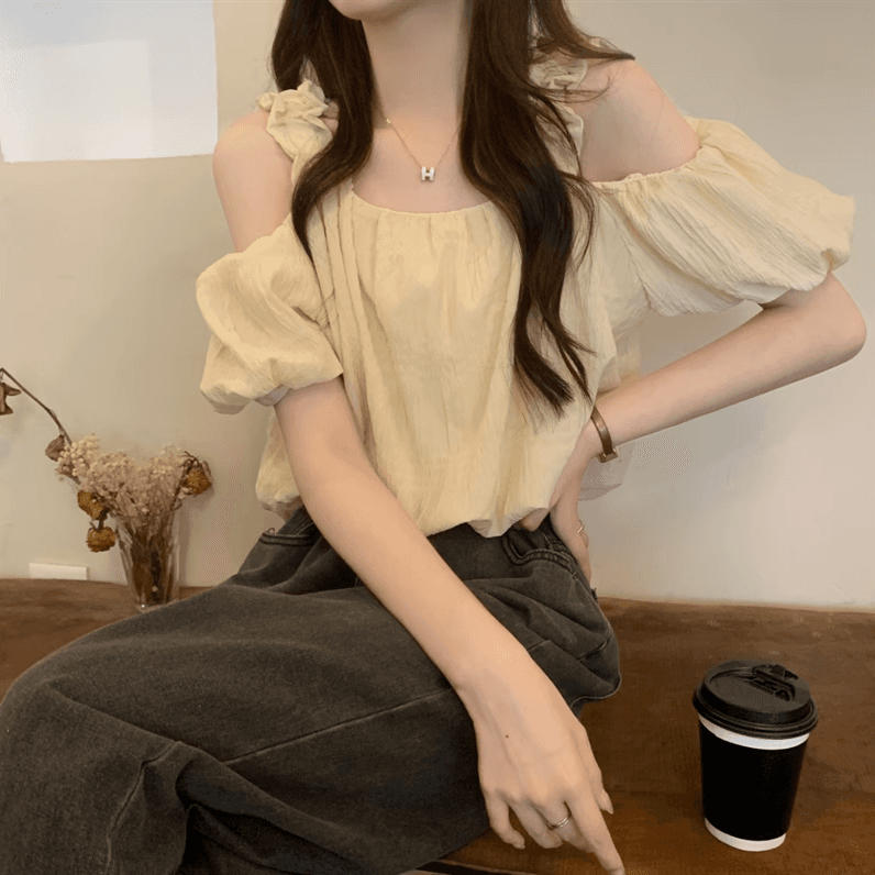 오프숄더 프랑스식 슬립 반팔 여성 셔츠 여름 섹션 디자인 센스 작은 대중 루즈핏 슬림해 보이는 쇼트 스타일 거품 소매 맨위 이미지 4
