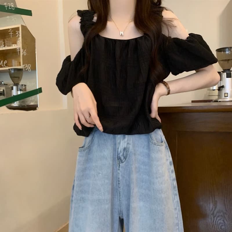 오프숄더 프랑스식 슬립 반팔 여성 셔츠 여름 섹션 디자인 센스 작은 대중 루즈핏 슬림해 보이는 쇼트 스타일 거품 소매 맨위 이미지 5