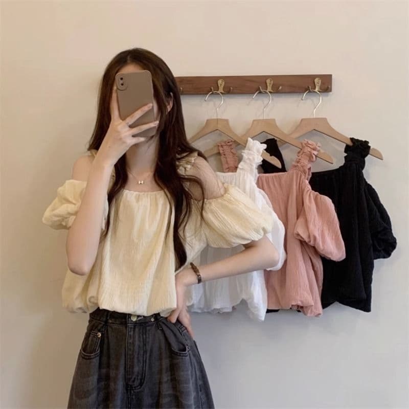 오프숄더 프랑스식 슬립 반팔 여성 셔츠 여름 섹션 디자인 센스 작은 대중 루즈핏 슬림해 보이는 쇼트 스타일 거품 소매 맨위 상세 이미지 2