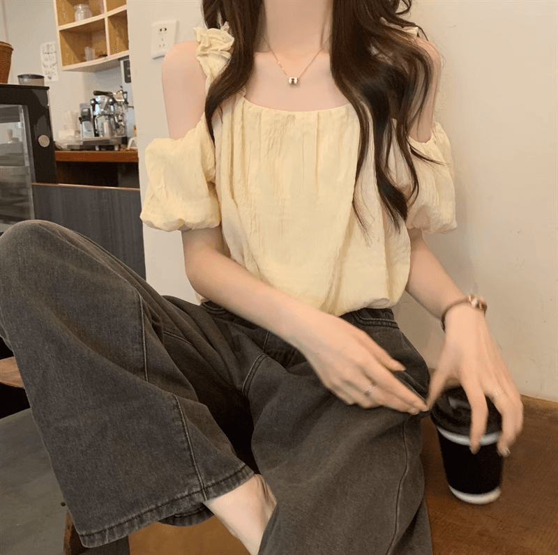 오프숄더 프랑스식 슬립 반팔 여성 셔츠 여름 섹션 디자인 센스 작은 대중 루즈핏 슬림해 보이는 쇼트 스타일 거품 소매 맨위 상세 이미지 4