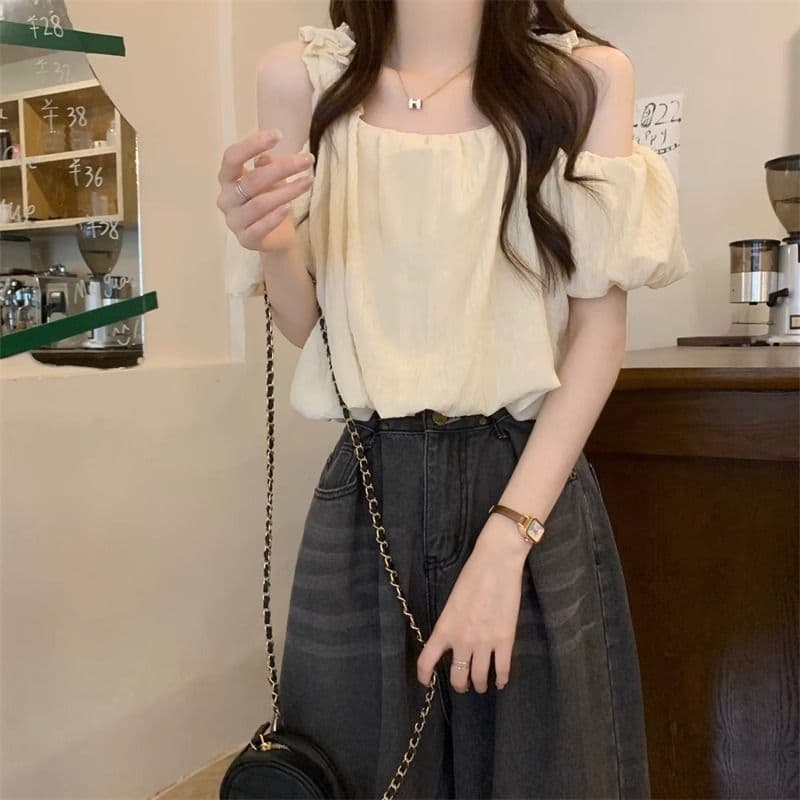 오프숄더 프랑스식 슬립 반팔 여성 셔츠 여름 섹션 디자인 센스 작은 대중 루즈핏 슬림해 보이는 쇼트 스타일 거품 소매 맨위 상세 이미지 6