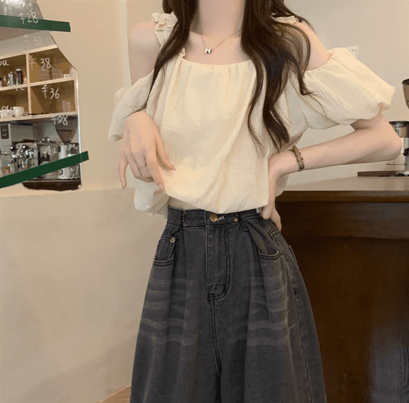 오프숄더 프랑스식 슬립 반팔 여성 셔츠 여름 섹션 디자인 센스 작은 대중 루즈핏 슬림해 보이는 쇼트 스타일 거품 소매 맨위 상세 이미지 7