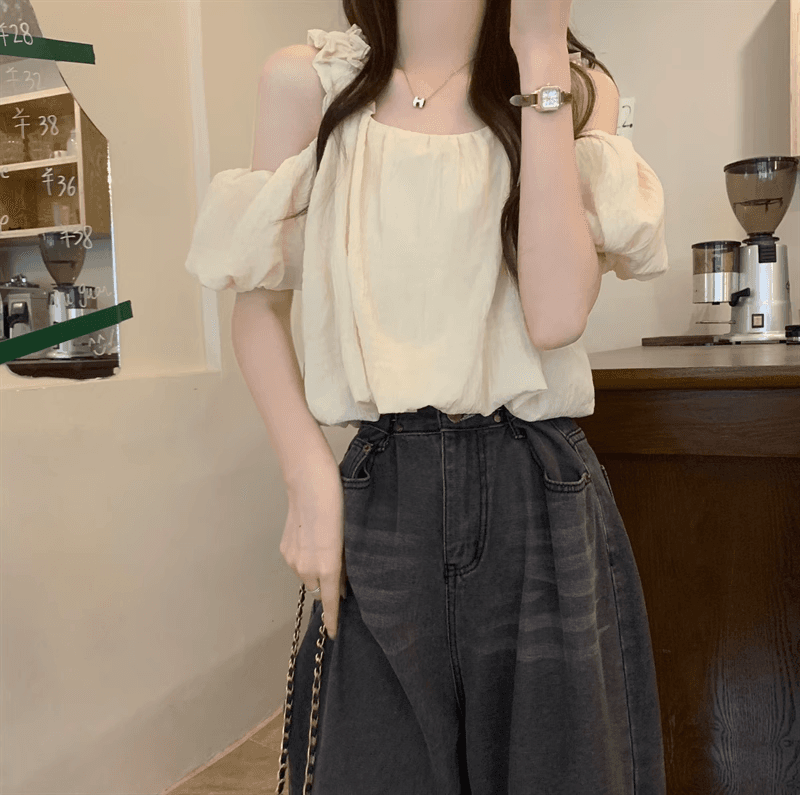 오프숄더 프랑스식 슬립 반팔 여성 셔츠 여름 섹션 디자인 센스 작은 대중 루즈핏 슬림해 보이는 쇼트 스타일 거품 소매 맨위 상세 이미지 8