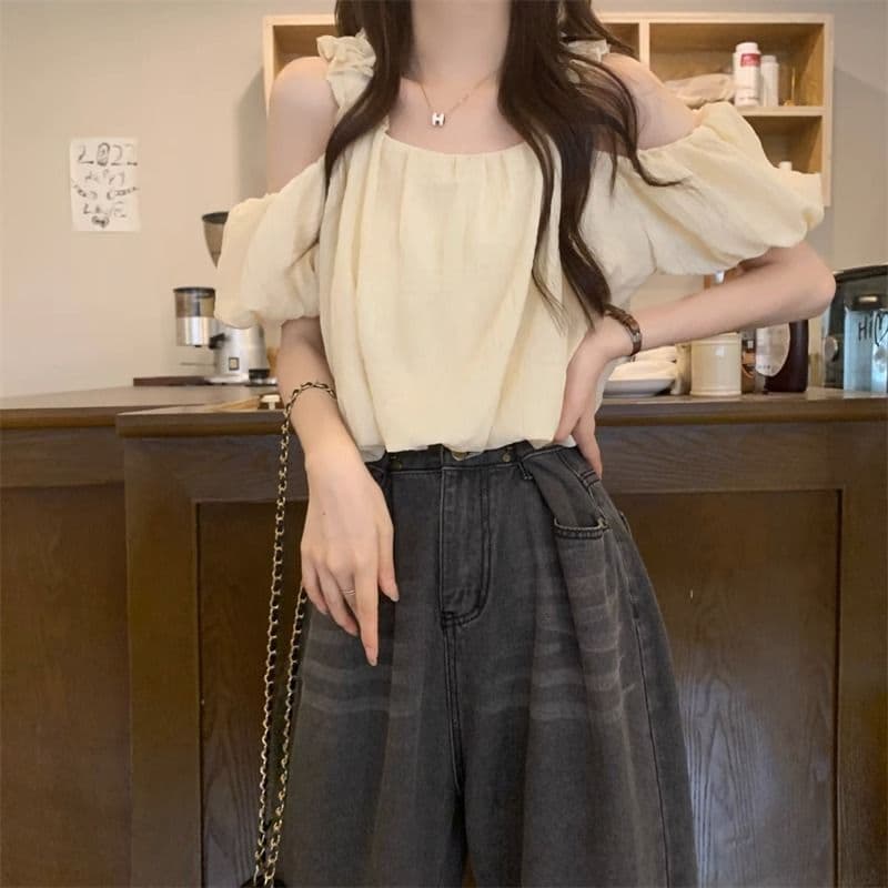 오프숄더 프랑스식 슬립 반팔 여성 셔츠 여름 섹션 디자인 센스 작은 대중 루즈핏 슬림해 보이는 쇼트 스타일 거품 소매 맨위 상세 이미지 9