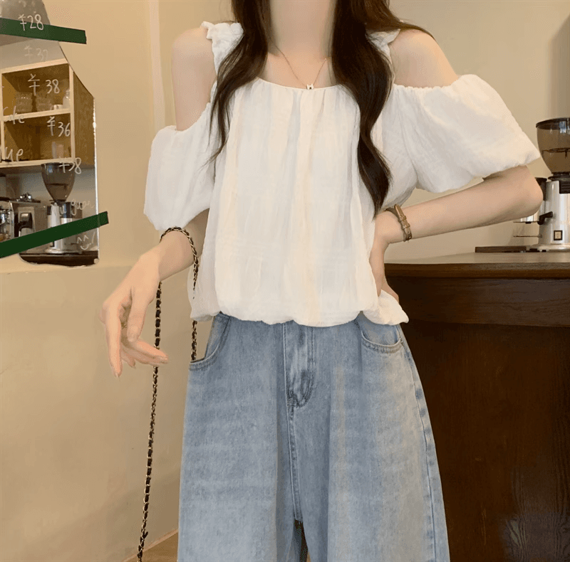 오프숄더 프랑스식 슬립 반팔 여성 셔츠 여름 섹션 디자인 센스 작은 대중 루즈핏 슬림해 보이는 쇼트 스타일 거품 소매 맨위 상세 이미지 11