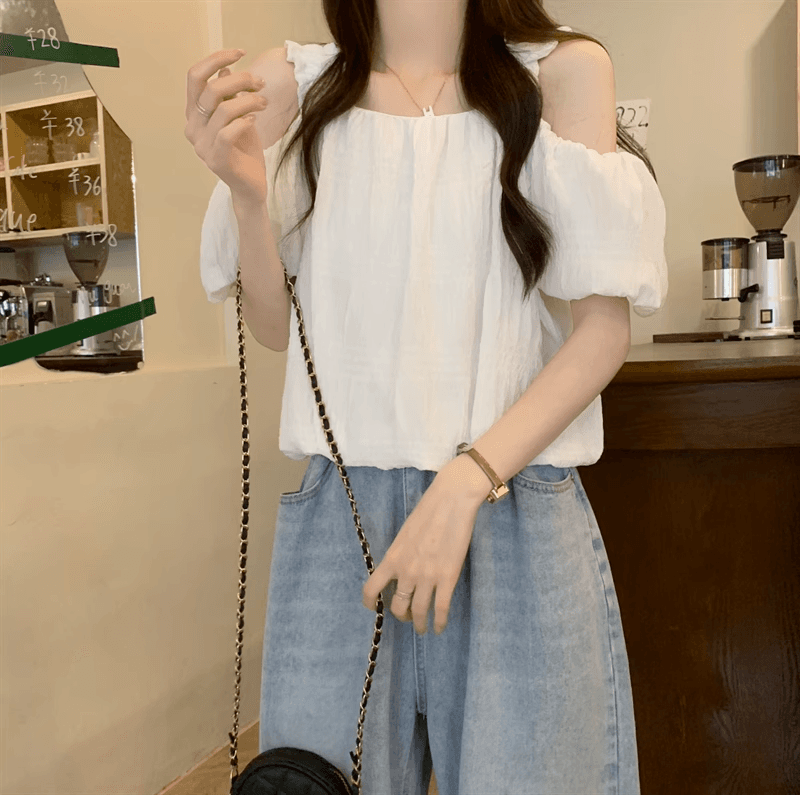 오프숄더 프랑스식 슬립 반팔 여성 셔츠 여름 섹션 디자인 센스 작은 대중 루즈핏 슬림해 보이는 쇼트 스타일 거품 소매 맨위 상세 이미지 12