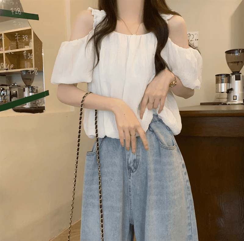 오프숄더 프랑스식 슬립 반팔 여성 셔츠 여름 섹션 디자인 센스 작은 대중 루즈핏 슬림해 보이는 쇼트 스타일 거품 소매 맨위 상세 이미지 13
