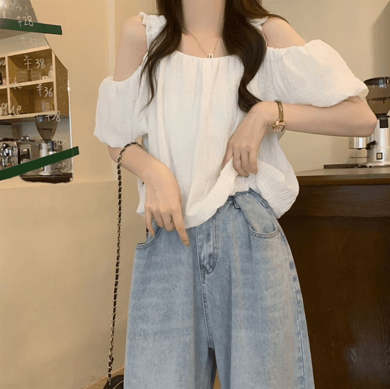 오프숄더 프랑스식 슬립 반팔 여성 셔츠 여름 섹션 디자인 센스 작은 대중 루즈핏 슬림해 보이는 쇼트 스타일 거품 소매 맨위 상세 이미지 14