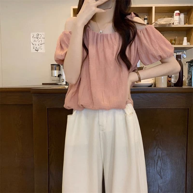 오프숄더 프랑스식 슬립 반팔 여성 셔츠 여름 섹션 디자인 센스 작은 대중 루즈핏 슬림해 보이는 쇼트 스타일 거품 소매 맨위 상세 이미지 15