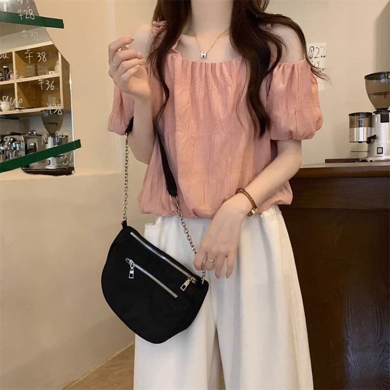 오프숄더 프랑스식 슬립 반팔 여성 셔츠 여름 섹션 디자인 센스 작은 대중 루즈핏 슬림해 보이는 쇼트 스타일 거품 소매 맨위 상세 이미지 16