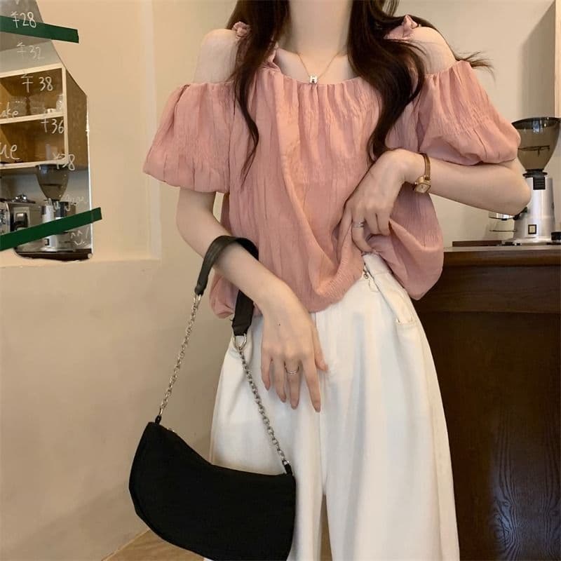 오프숄더 프랑스식 슬립 반팔 여성 셔츠 여름 섹션 디자인 센스 작은 대중 루즈핏 슬림해 보이는 쇼트 스타일 거품 소매 맨위 상세 이미지 18