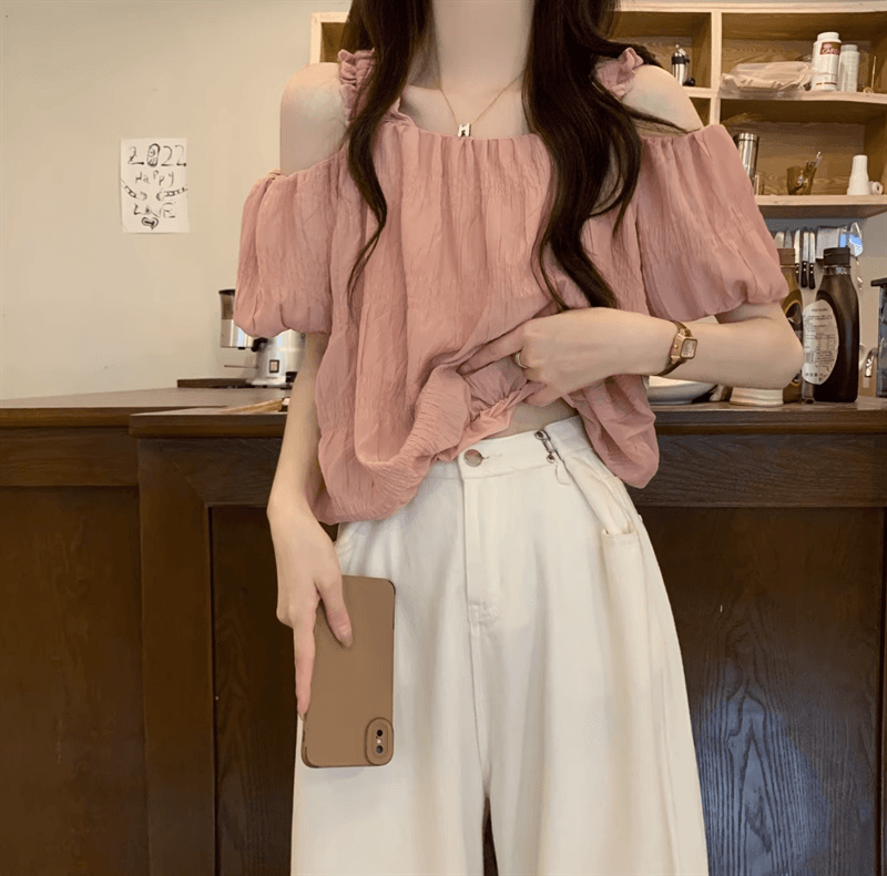 오프숄더 프랑스식 슬립 반팔 여성 셔츠 여름 섹션 디자인 센스 작은 대중 루즈핏 슬림해 보이는 쇼트 스타일 거품 소매 맨위 상세 이미지 19