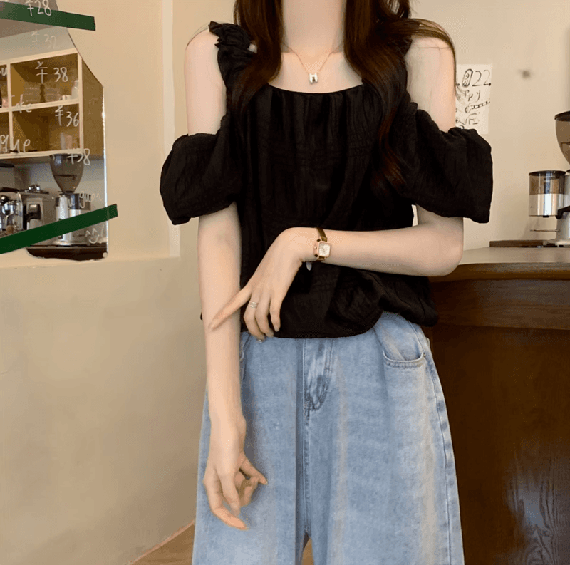 오프숄더 프랑스식 슬립 반팔 여성 셔츠 여름 섹션 디자인 센스 작은 대중 루즈핏 슬림해 보이는 쇼트 스타일 거품 소매 맨위 상세 이미지 21