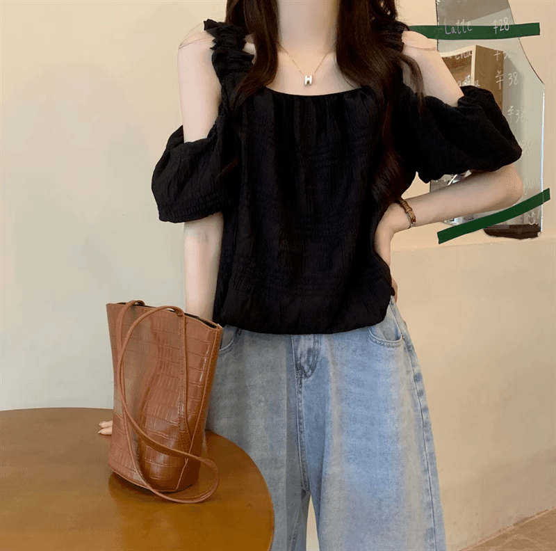 오프숄더 프랑스식 슬립 반팔 여성 셔츠 여름 섹션 디자인 센스 작은 대중 루즈핏 슬림해 보이는 쇼트 스타일 거품 소매 맨위 상세 이미지 22