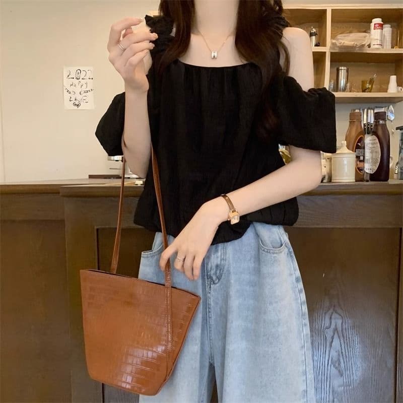 오프숄더 프랑스식 슬립 반팔 여성 셔츠 여름 섹션 디자인 센스 작은 대중 루즈핏 슬림해 보이는 쇼트 스타일 거품 소매 맨위 상세 이미지 23