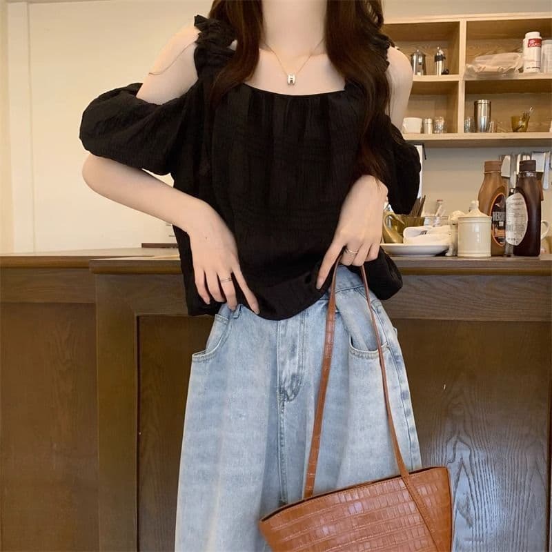 오프숄더 프랑스식 슬립 반팔 여성 셔츠 여름 섹션 디자인 센스 작은 대중 루즈핏 슬림해 보이는 쇼트 스타일 거품 소매 맨위 상세 이미지 24