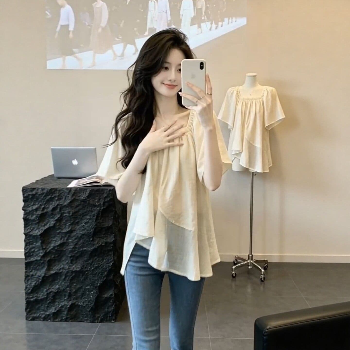 프랑스식 순수한 욕망 바람 광장 칼라 시폰 셔츠 여성 여름 불규칙 프릴 매우 요정 ~ 중 맨위 표지 배 인형 셔츠 여름 이미지 2