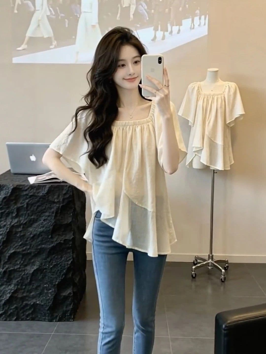 프랑스식 순수한 욕망 바람 광장 칼라 시폰 셔츠 여성 여름 불규칙 프릴 매우 요정 ~ 중 맨위 표지 배 인형 셔츠 여름 이미지 3