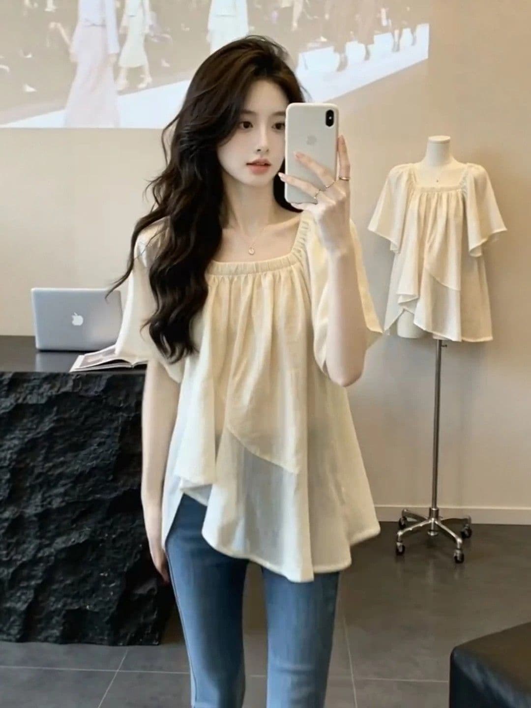 프랑스식 순수한 욕망 바람 광장 칼라 시폰 셔츠 여성 여름 불규칙 프릴 매우 요정 ~ 중 맨위 표지 배 인형 셔츠 여름