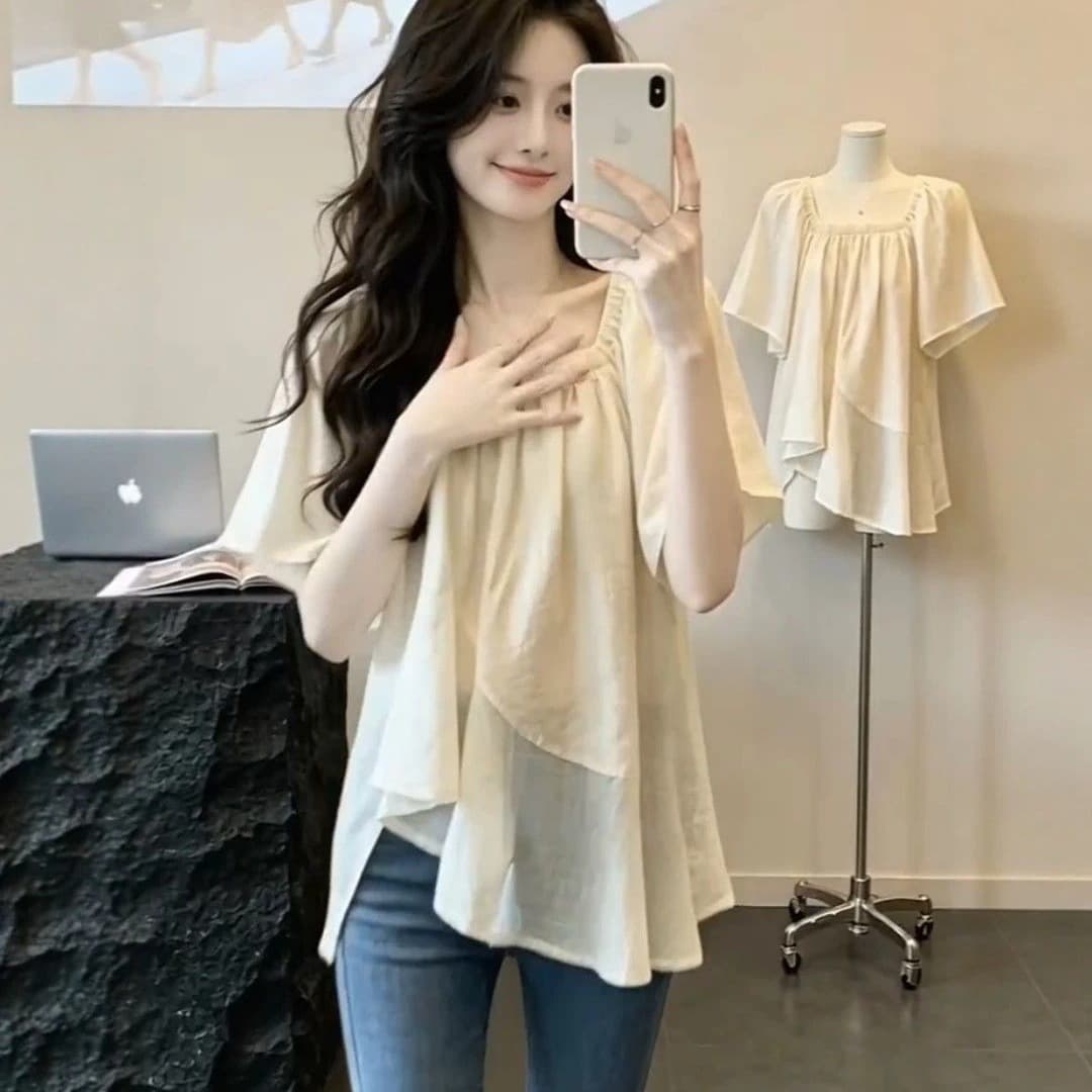 프랑스식 순수한 욕망 바람 광장 칼라 시폰 셔츠 여성 여름 불규칙 프릴 매우 요정 ~ 중 맨위 표지 배 인형 셔츠 여름 이미지 5