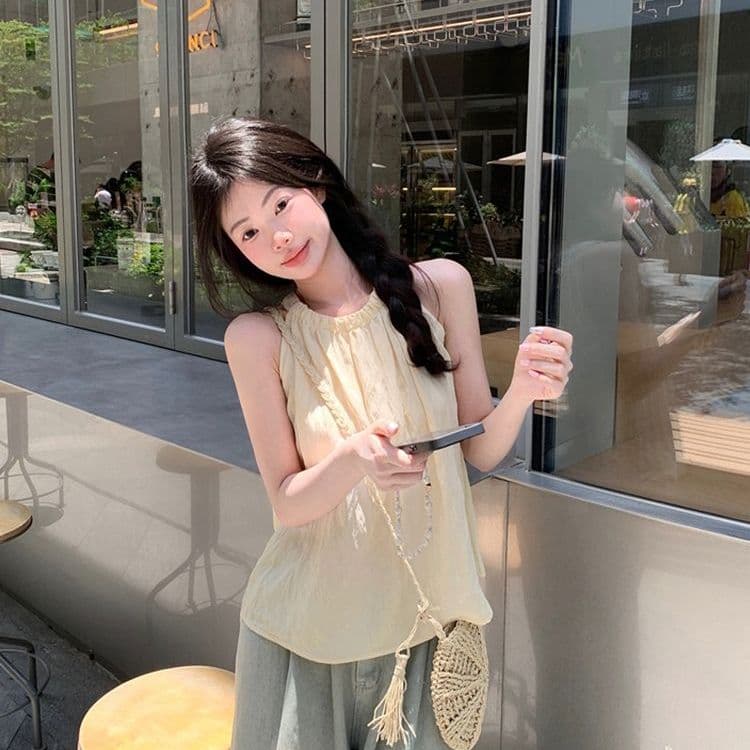 프랑스식 품격 고급 센스 행침 목 조끼 여성 여름 루즈핏 캐주얼 고유 한 Chic 주름 오프숄더 민소매 맨위 이미지 3