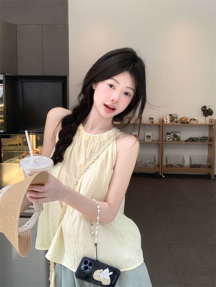 프랑스식 품격 고급 센스 행침 목 조끼 여성 여름 루즈핏 캐주얼 고유 한 Chic 주름 오프숄더 민소매 맨위 상세 이미지 1