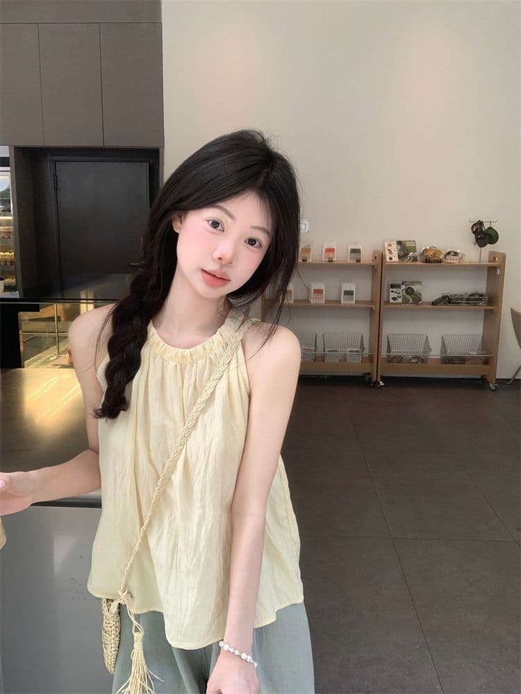 프랑스식 품격 고급 센스 행침 목 조끼 여성 여름 루즈핏 캐주얼 고유 한 Chic 주름 오프숄더 민소매 맨위 상세 이미지 2