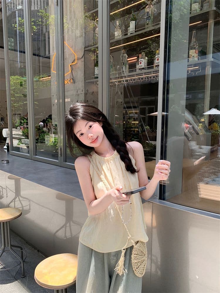프랑스식 품격 고급 센스 행침 목 조끼 여성 여름 루즈핏 캐주얼 고유 한 Chic 주름 오프숄더 민소매 맨위 상세 이미지 3