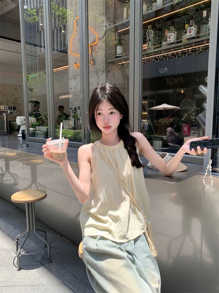 프랑스식 품격 고급 센스 행침 목 조끼 여성 여름 루즈핏 캐주얼 고유 한 Chic 주름 오프숄더 민소매 맨위 상세 이미지 4