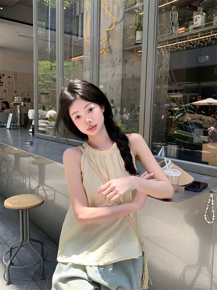 프랑스식 품격 고급 센스 행침 목 조끼 여성 여름 루즈핏 캐주얼 고유 한 Chic 주름 오프숄더 민소매 맨위 상세 이미지 5