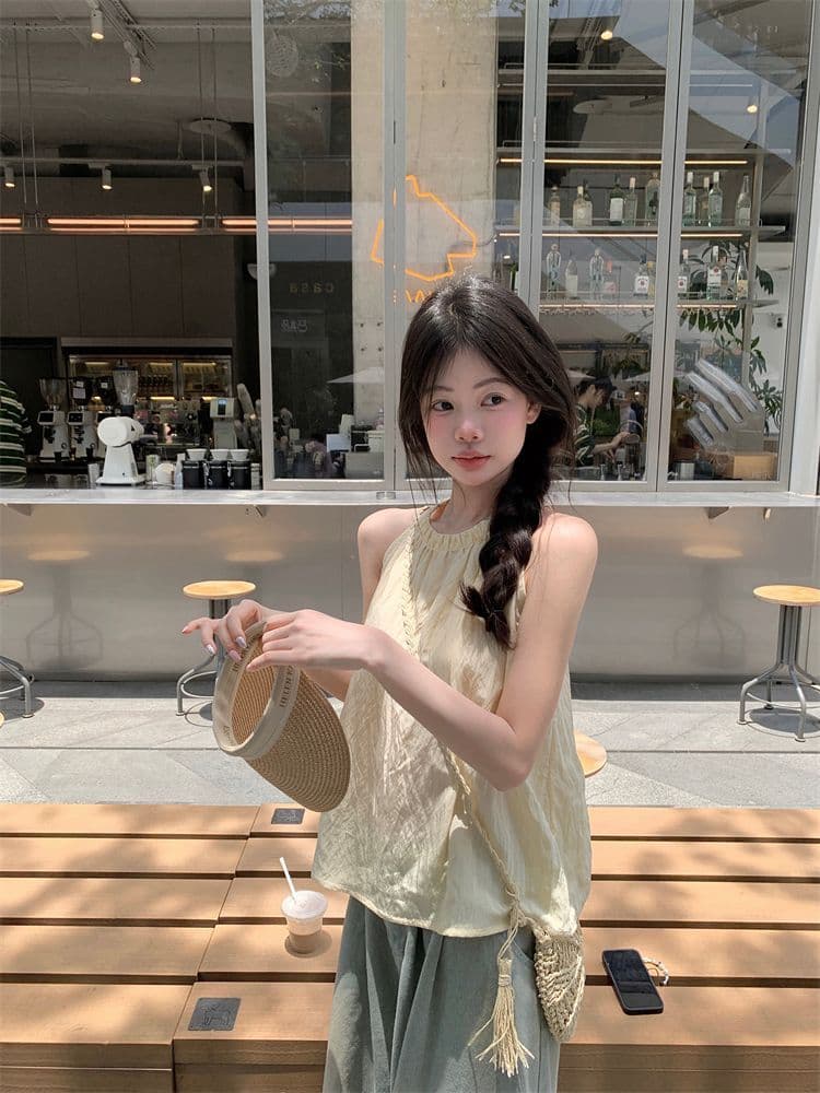 프랑스식 품격 고급 센스 행침 목 조끼 여성 여름 루즈핏 캐주얼 고유 한 Chic 주름 오프숄더 민소매 맨위 상세 이미지 6