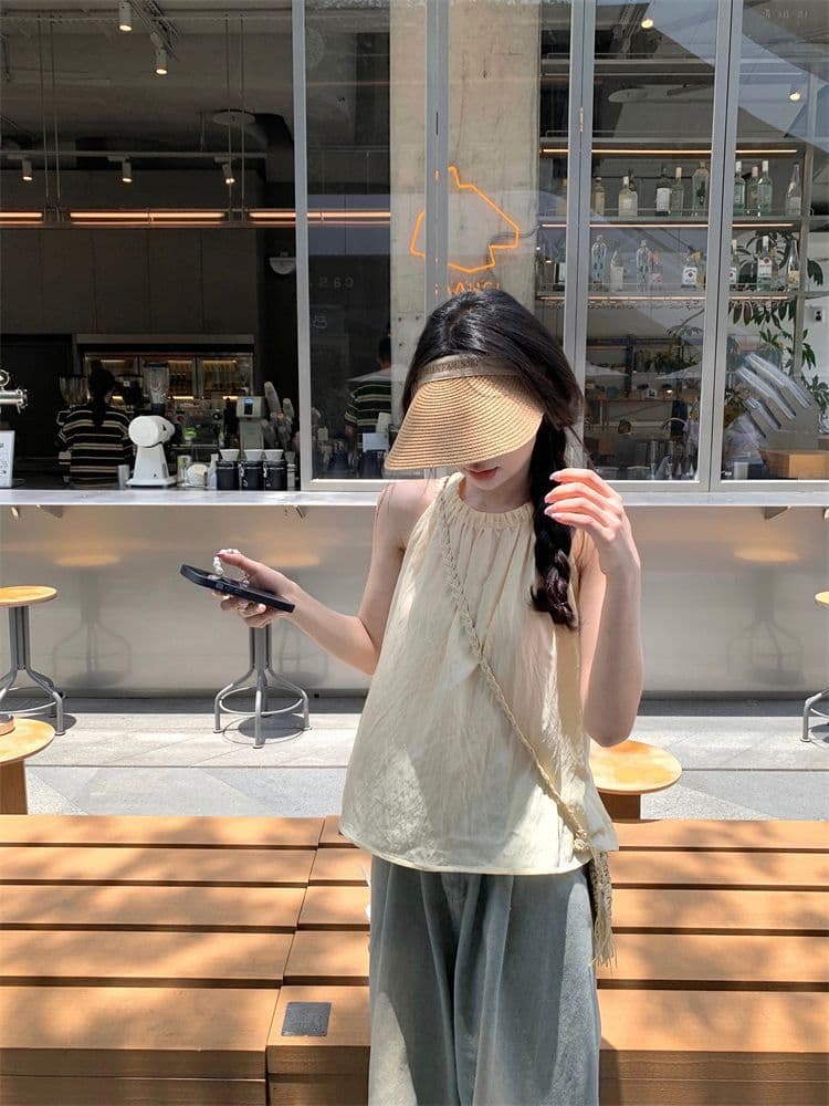 프랑스식 품격 고급 센스 행침 목 조끼 여성 여름 루즈핏 캐주얼 고유 한 Chic 주름 오프숄더 민소매 맨위 상세 이미지 7